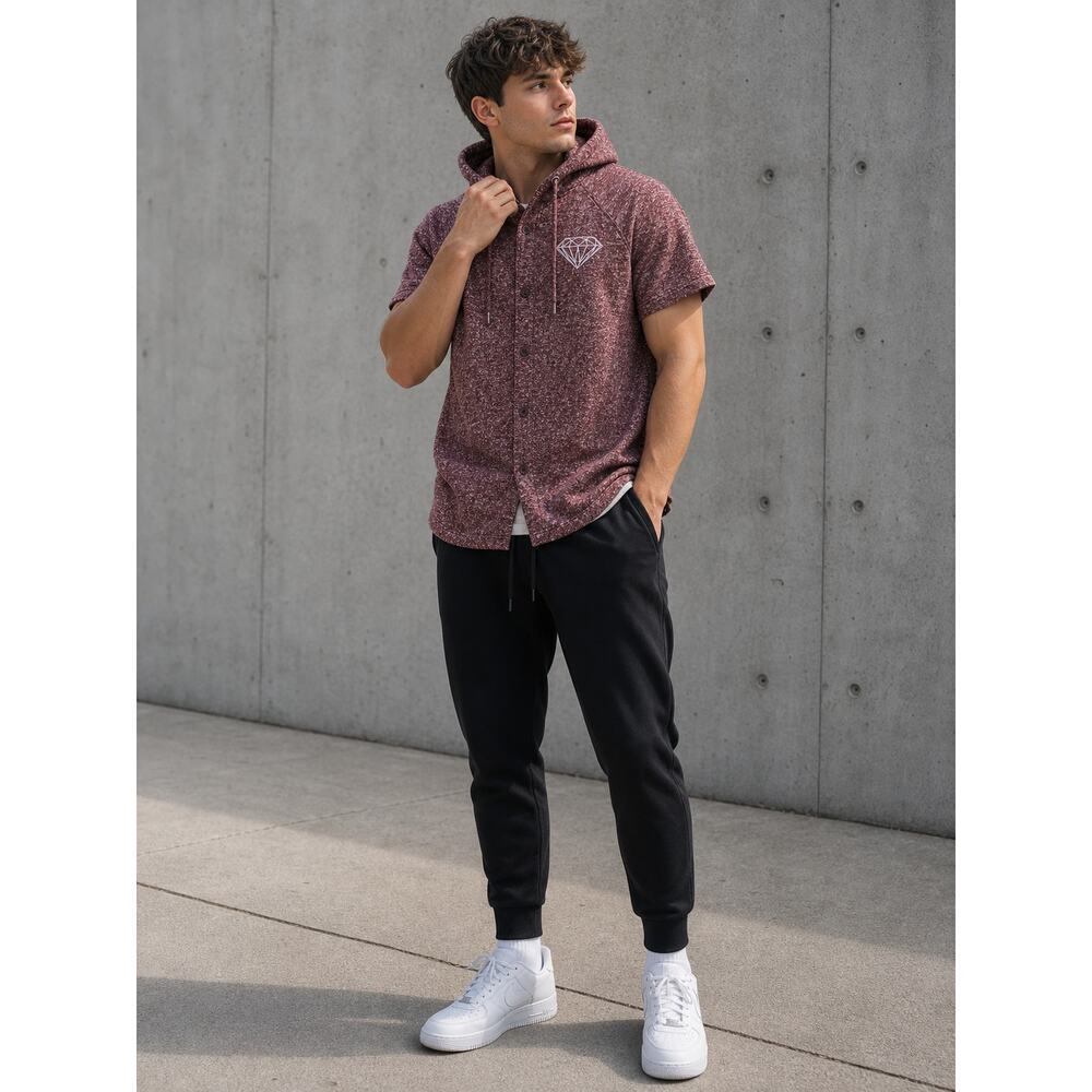 Diamond Supply Co Hooded Button Up Shirt Burgundy Marled Streetwear L